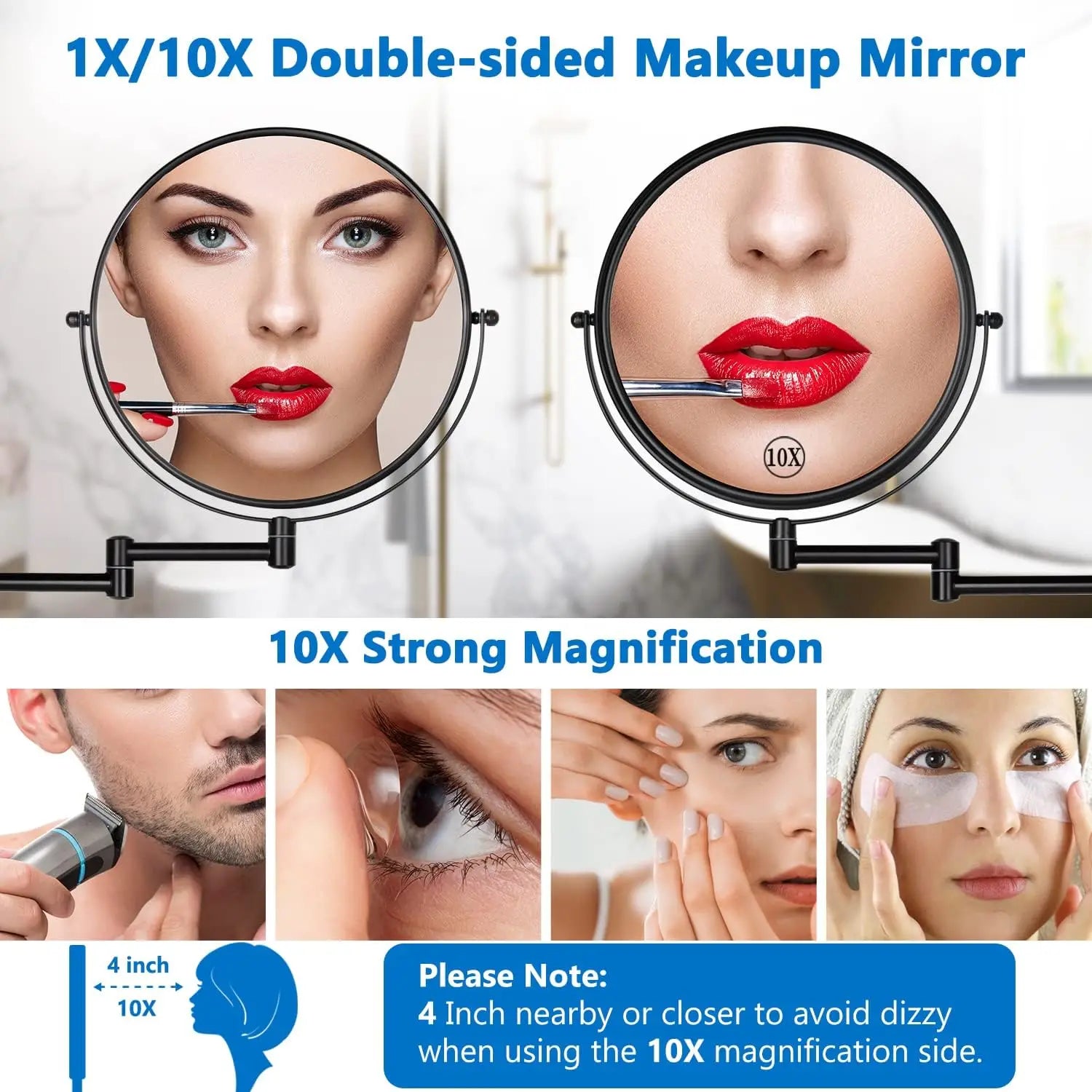 Wall Mounted Makeup Mirror 9”10x Magnifying Rechargeable Vanity Lighted Cosmetic Mirror for Vanity Desk and Bathroom Use