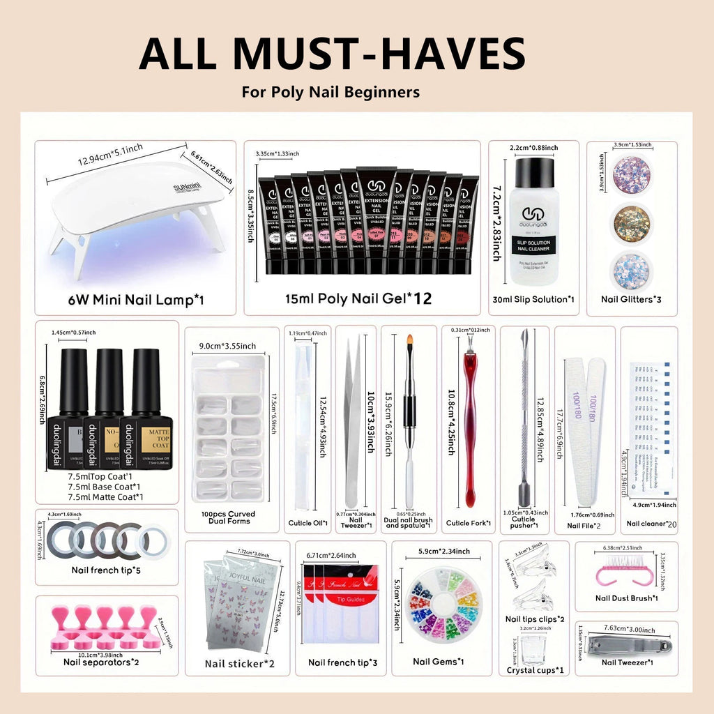 Nail Extension Gel Kit with 30ml Slip Solution, 12-Color Poly Nail Gel Polish Set with Base & Matte/Glossy Top Coats, Complete M