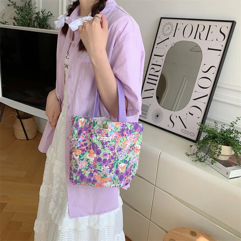 Women's Beauty Flower Canvas Bag Outside Shopping Toiletry Phone Oagnzier Storage Bags Korean Cloth Handbags Lunch Box Bento Bag