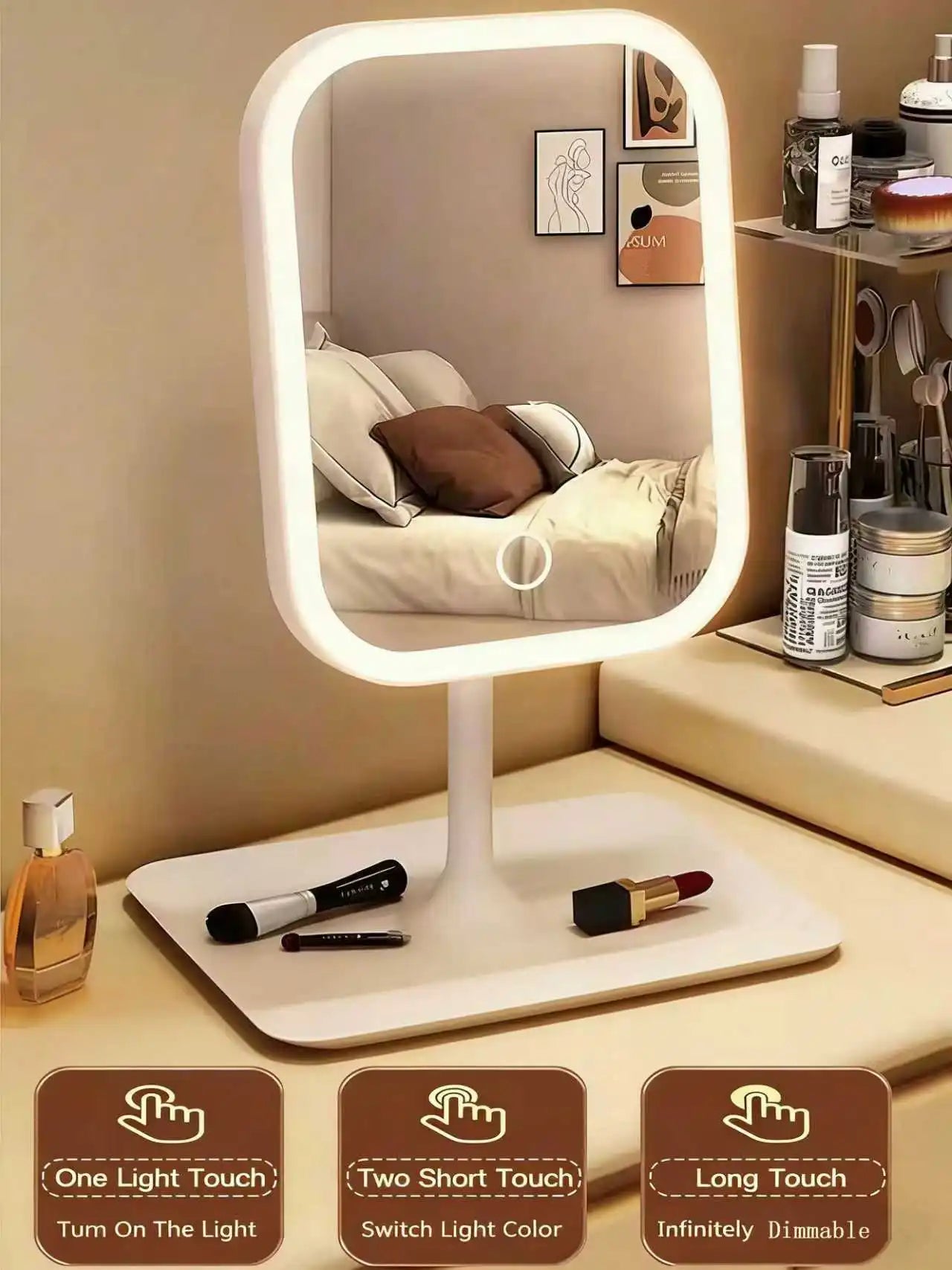 Vanity Mirror 3 Color Light LED Makeup Mirror with 10X Mirror  Touching Cosmetic Mirror Women Bedroom Dressing Mirror
