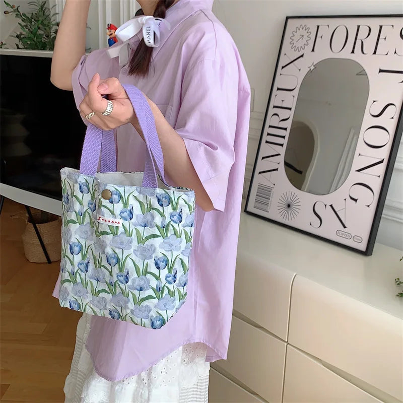 Women's Beauty Flower Canvas Bag Outside Shopping Toiletry Phone Oagnzier Storage Bags Korean Cloth Handbags Lunch Box Bento Bag