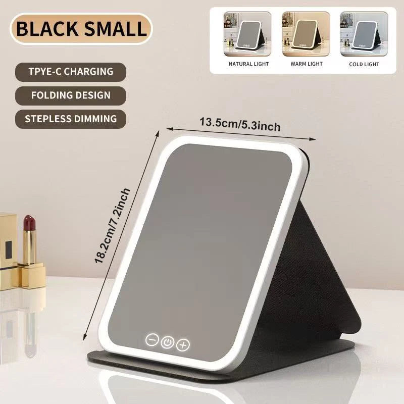 LED Makeup Mirror 3 Colors Light Portable Vanity with Adjustable Brightness USB Charging Foldable for Travel And Home Use