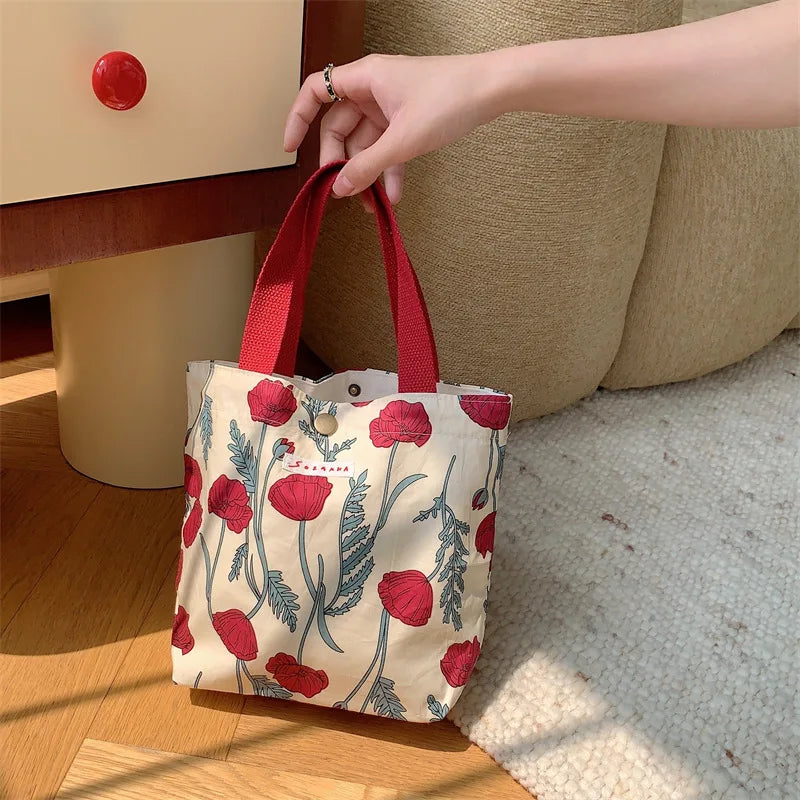 Women's Beauty Flower Canvas Bag Outside Shopping Toiletry Phone Oagnzier Storage Bags Korean Cloth Handbags Lunch Box Bento Bag