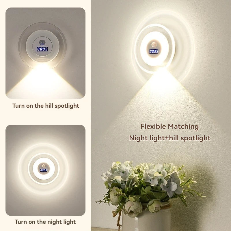 Auto On/Off Smart Sensor Night Light with Clock, Dual Mode Hill & Ambient Light, 3-5M Motion, 3 Colors, LED Wall Lamp forBedroom