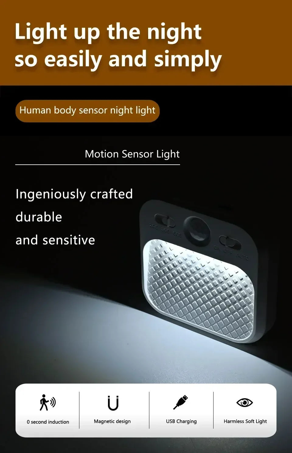 1-4 Pack Motion Sensor LED Night Light Rechargeable Stick-on Magnet Night Lamp for Bedroom Stairs Cabinet Hallway Kitchen Lights