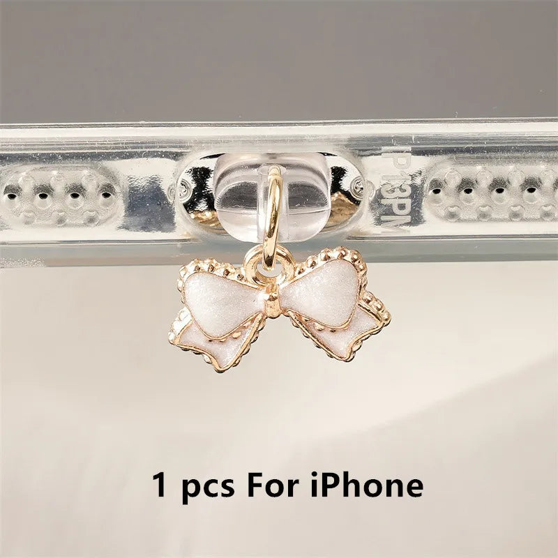 1pc Beautiful Pink and White Bowknot Phone Dust Plug for iPhone/Type-C /Android Mobile Phone Pendant Accessories Gift for Lovers