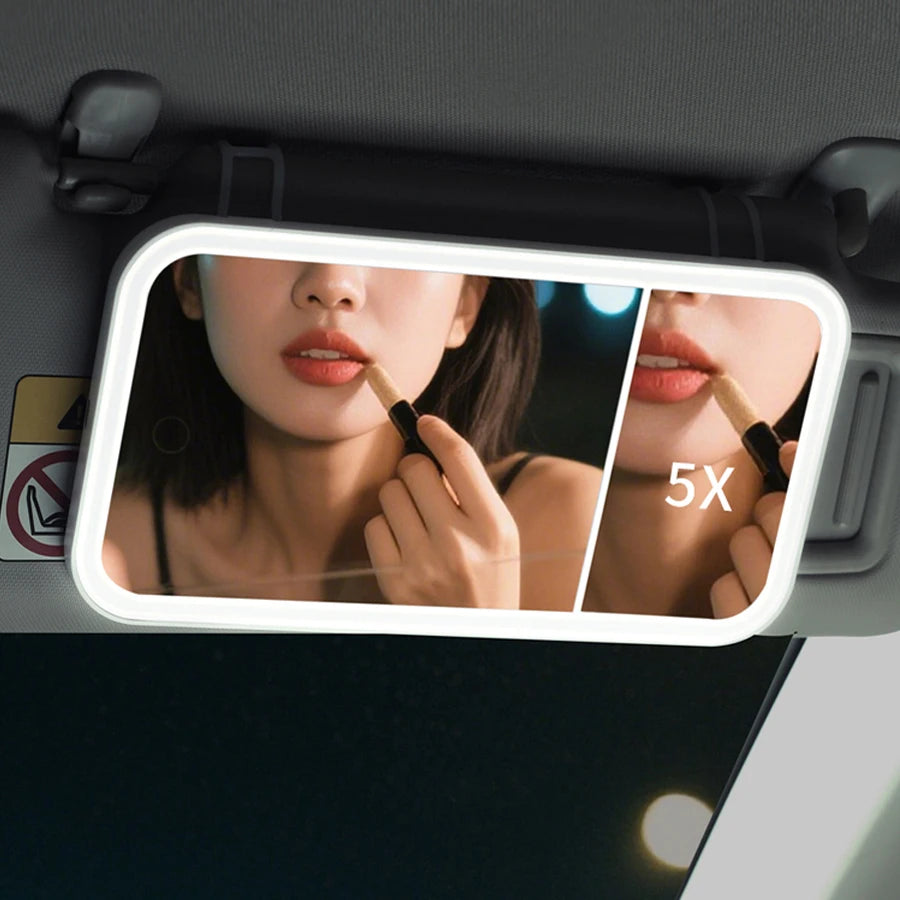 Car Vanity Makeup Mirror with Lights, Dimmable Touch Control LED Cosmetic Mirror with 5X Magnification, 3 Light Modes Looking