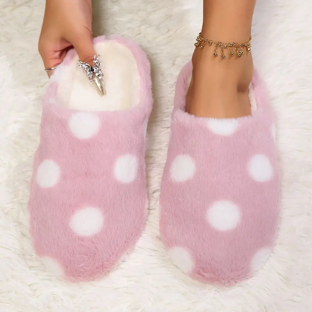 Silent Shoe Sole Soft Sole Plush Slide Slippers Casual Lightweight Dots Fur Slipper Anti-slip Patchwork House Flat Shoes Female