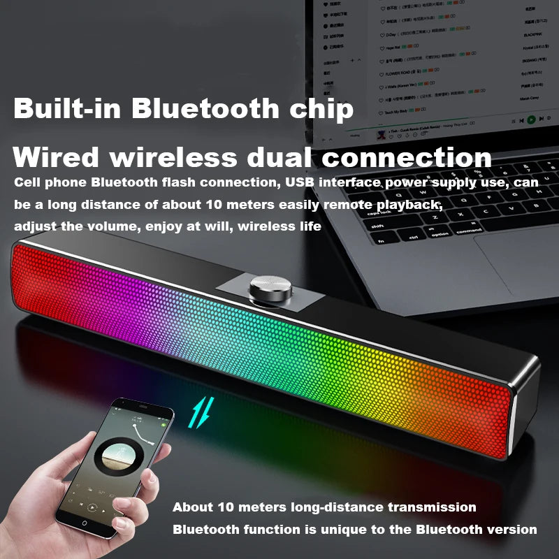USB Bluetooth-compatible Powerful Computer Speaker Bar  Subwoofer Bass Speaker Surround Sound Box LED For PC Laptop Phone Tablet