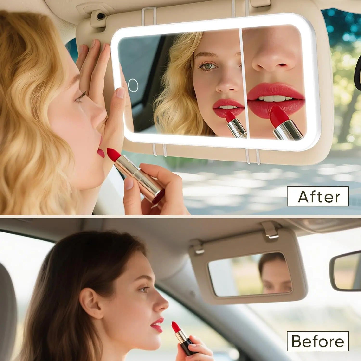 Car Vanity Makeup Mirror with Lights, Dimmable Touch Control LED Cosmetic Mirror with 5X Magnification, 3 Light Modes Looking
