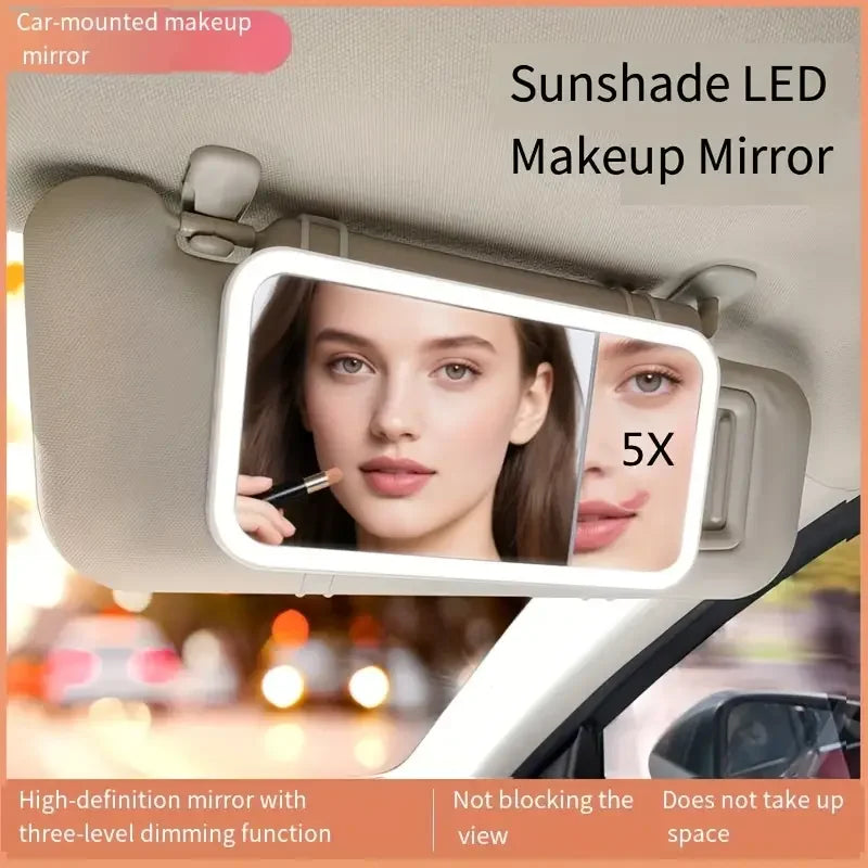Car Vanity Makeup Mirror with Lights, Dimmable Touch Control LED Cosmetic Mirror with 5X Magnification, 3 Light Modes Looking
