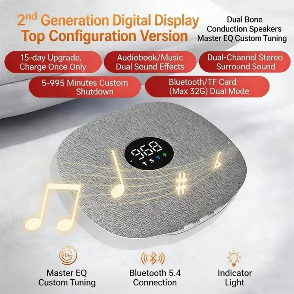 Bluetooth 5.4 Under Pillow Bluetooth Speaker Bone Conduction Sleep Aid Sound Machine LED Display Mini Bedroom Pillow Speaker