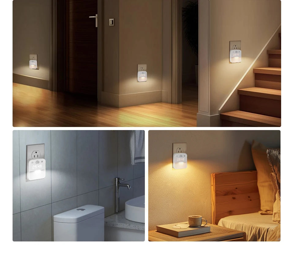 Motion Sensor LED Night Light with Time Display EU and US Socket Plug-in Wall Lamp Smart Sensing Light for Hallway Stair Bedroom