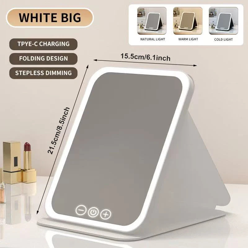LED Makeup Mirror 3 Colors Light Portable Vanity with Adjustable Brightness USB Charging Foldable for Travel And Home Use