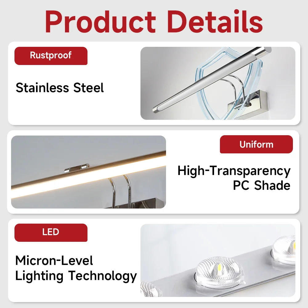 LED Mirror Light vanity Lamp 110-220V 3 Colors Wall Light Mural Spotlights Suitable For Dressing Table