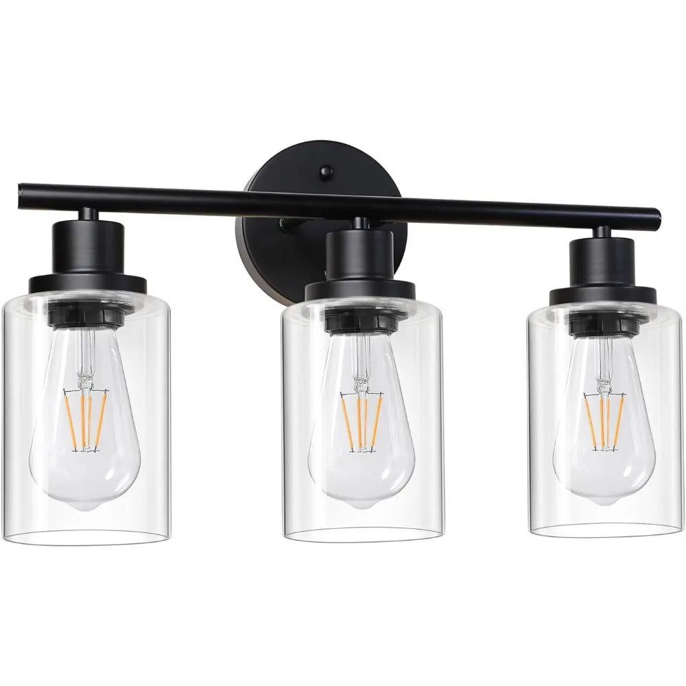Modern Bathroom Mirror Wall Light Fixtures Black 3-Light Vanity Lights with Clear Glass for Bathroom Living Room Bedroom Hallway