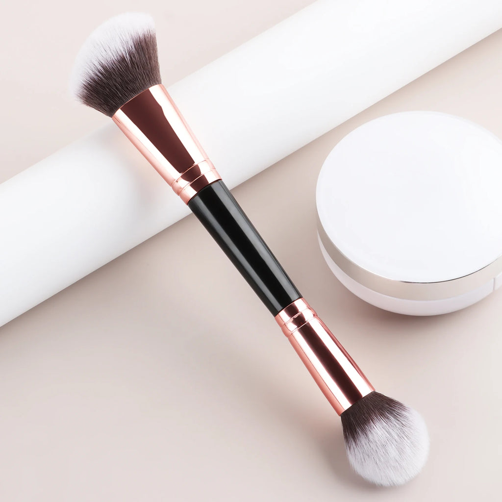Single Dual-Ended Beauty Brush, Round Blending Brush + Angled Blush Brush Soft Bristle Makeup Tool