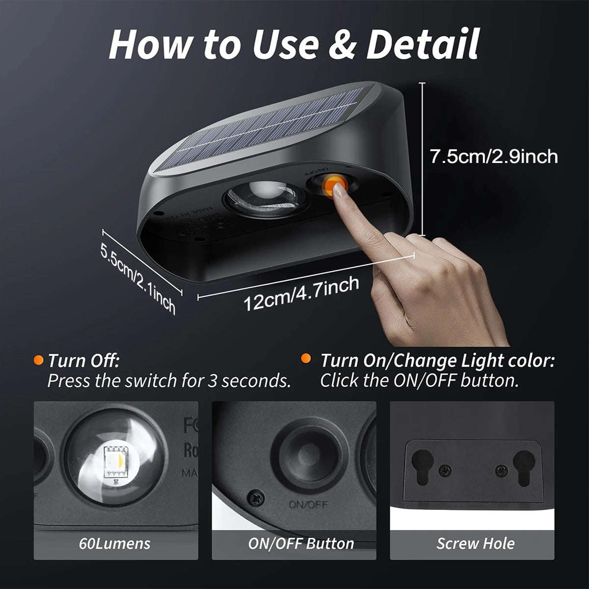 Solar Fence Lights Outdoor Waterproof Solar Deck Lights with Warm White RGB LED Spot Lens Decorative Solar Powered Wall Lights