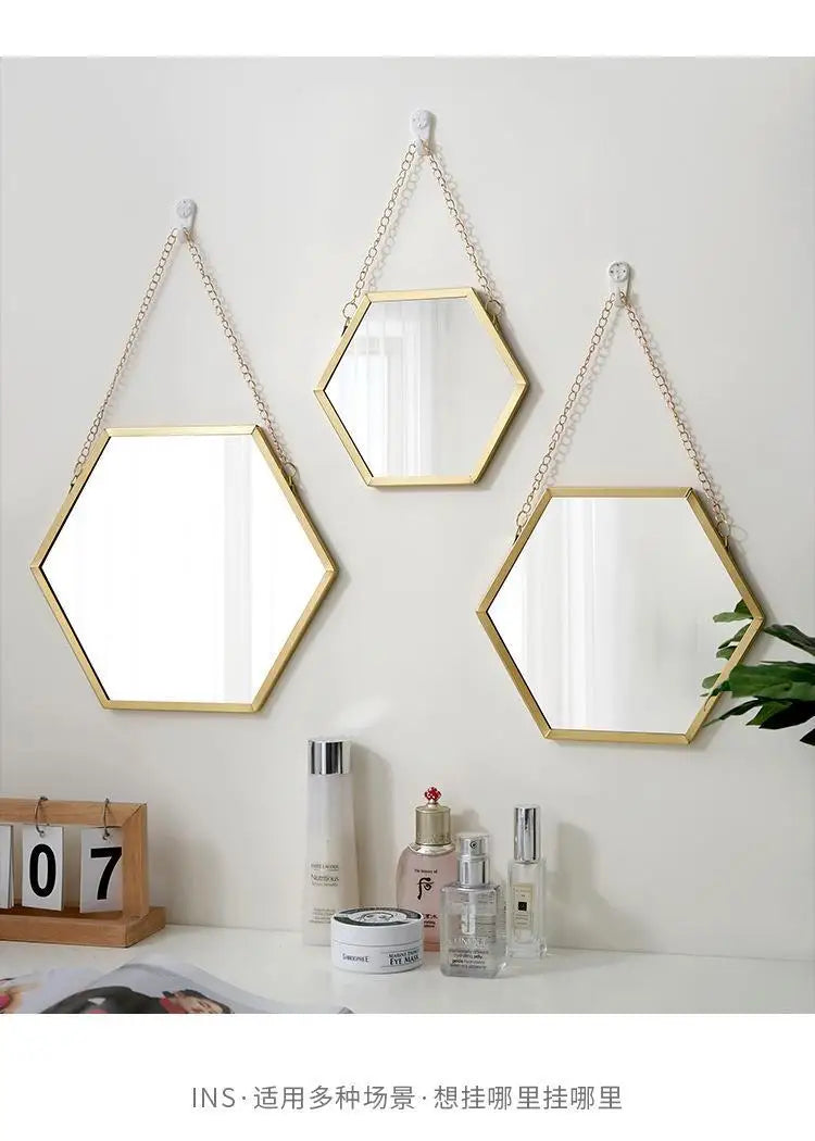 Nordic Iron Hexagonal Wall-mounted Mirror for Bathroom, Dormitory, Washbasin, Wall-mounted Makeup Mirror