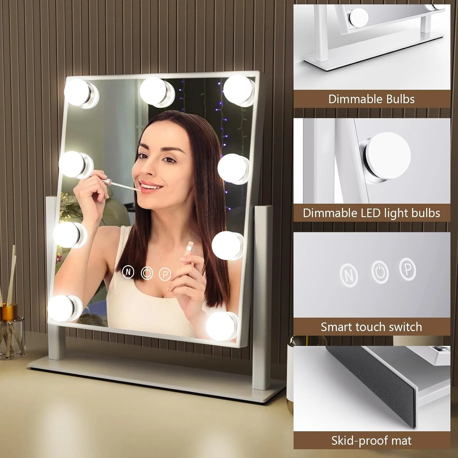 Hollywood-style Vanity Mirror with 9 LED Bulbs 3 Color Lighting Options 360° Rotation Perfect for Dressing Rooms and Bedrooms