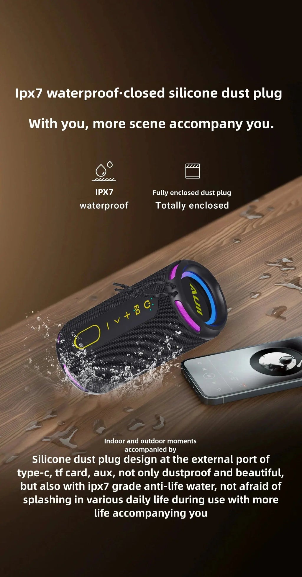 [Upgraded]Portable Bluetooth Speaker, 50W Loud Stereo Sound, IPX7 Waterproof, 10H Playtime, RGB Lights,Perfect for Party/Outdoor