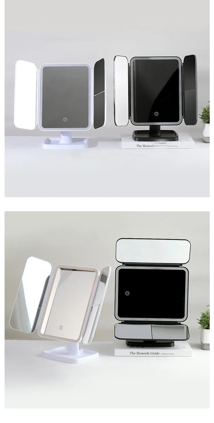 Smart LED Makeup Mirror 270° Rotatable Tri-Fold Vanity Mirror Touch Screen Dimmable Rechargeable Beauty Mirror for Desktop