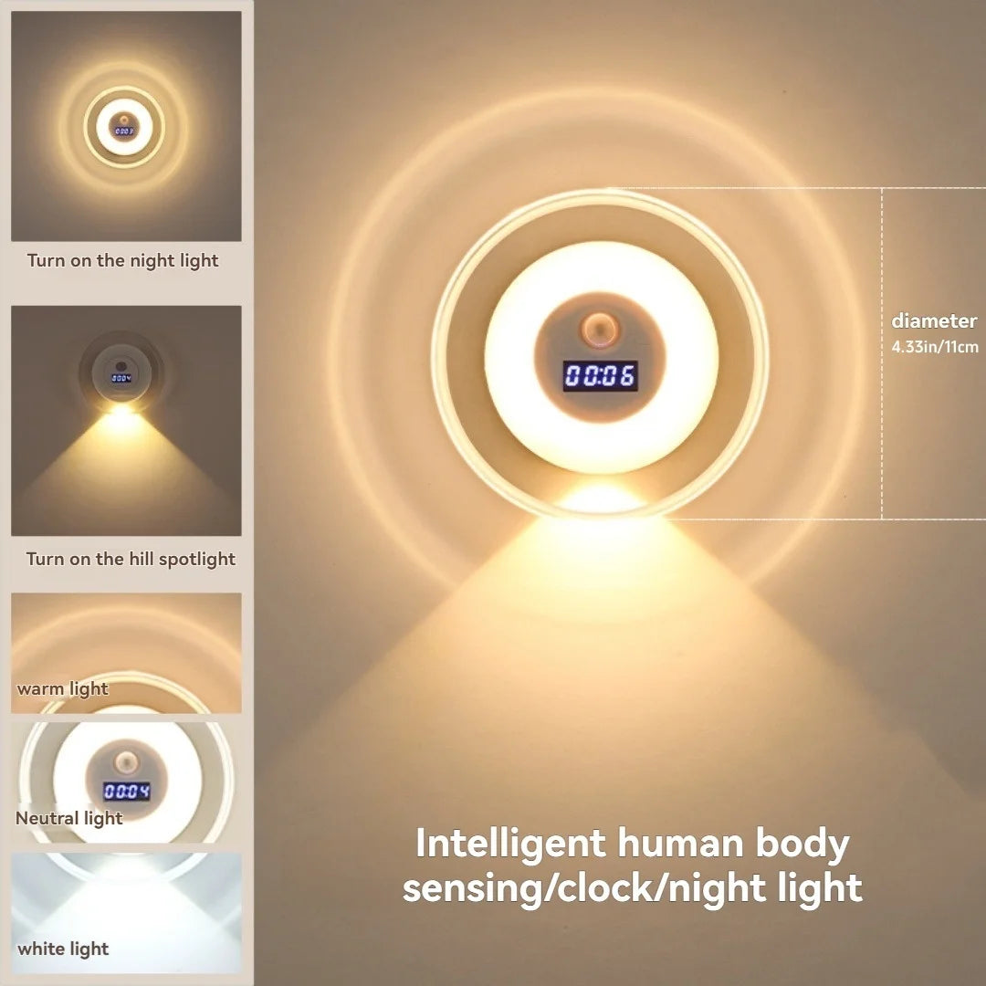 Auto On/Off Smart Sensor Night Light with Clock, Dual Mode Hill & Ambient Light, 3-5M Motion, 3 Colors, LED Wall Lamp forBedroom