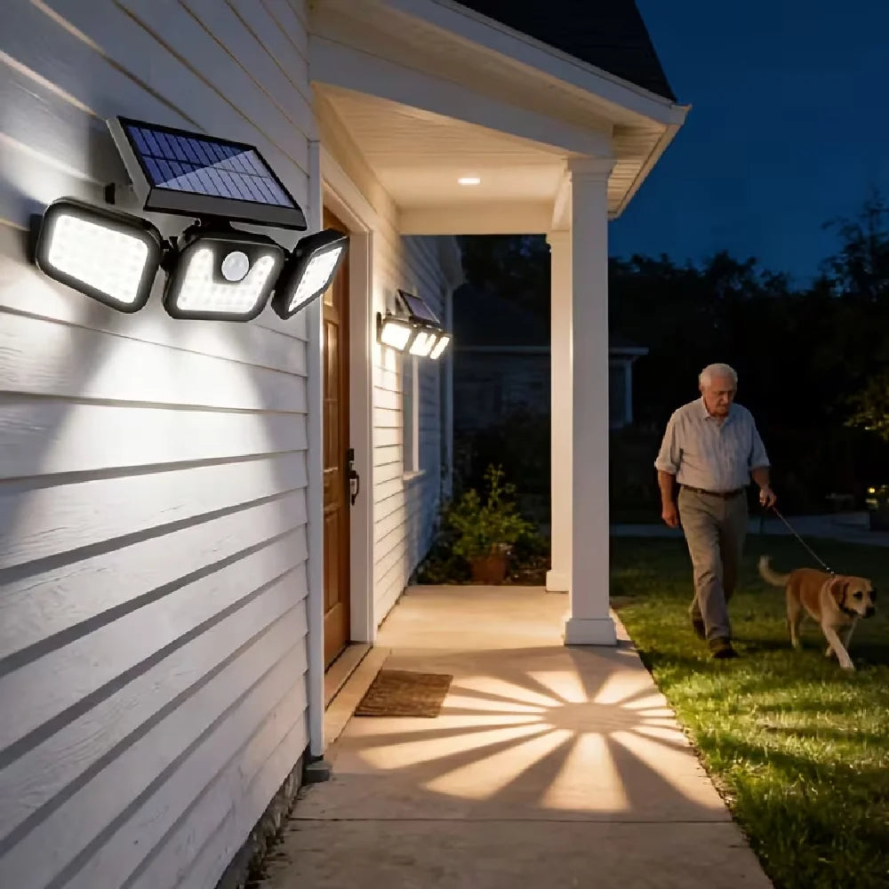 Solar-powered Outdoor Motion-sensor Lights 3-head 270° Wide-angle Security Lights for Yards Patios Garages Driveways Lighting