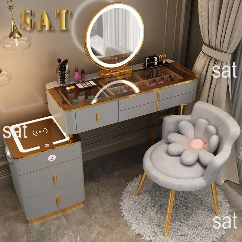 #Smart Bedroom Furniture Modern Simple Multi-functional Solid Wood Dressing Makeup Vanity Table With Wireless Charging