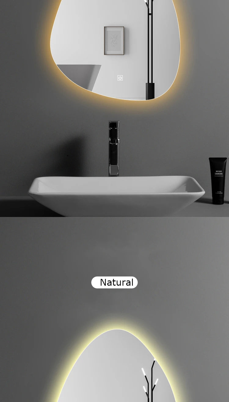 Upright Irregular Bathroom Mirror Smart 3 Color Adjustable LED Multifunction LIght With Bluetooth Speaker For Hotel Cloakroom