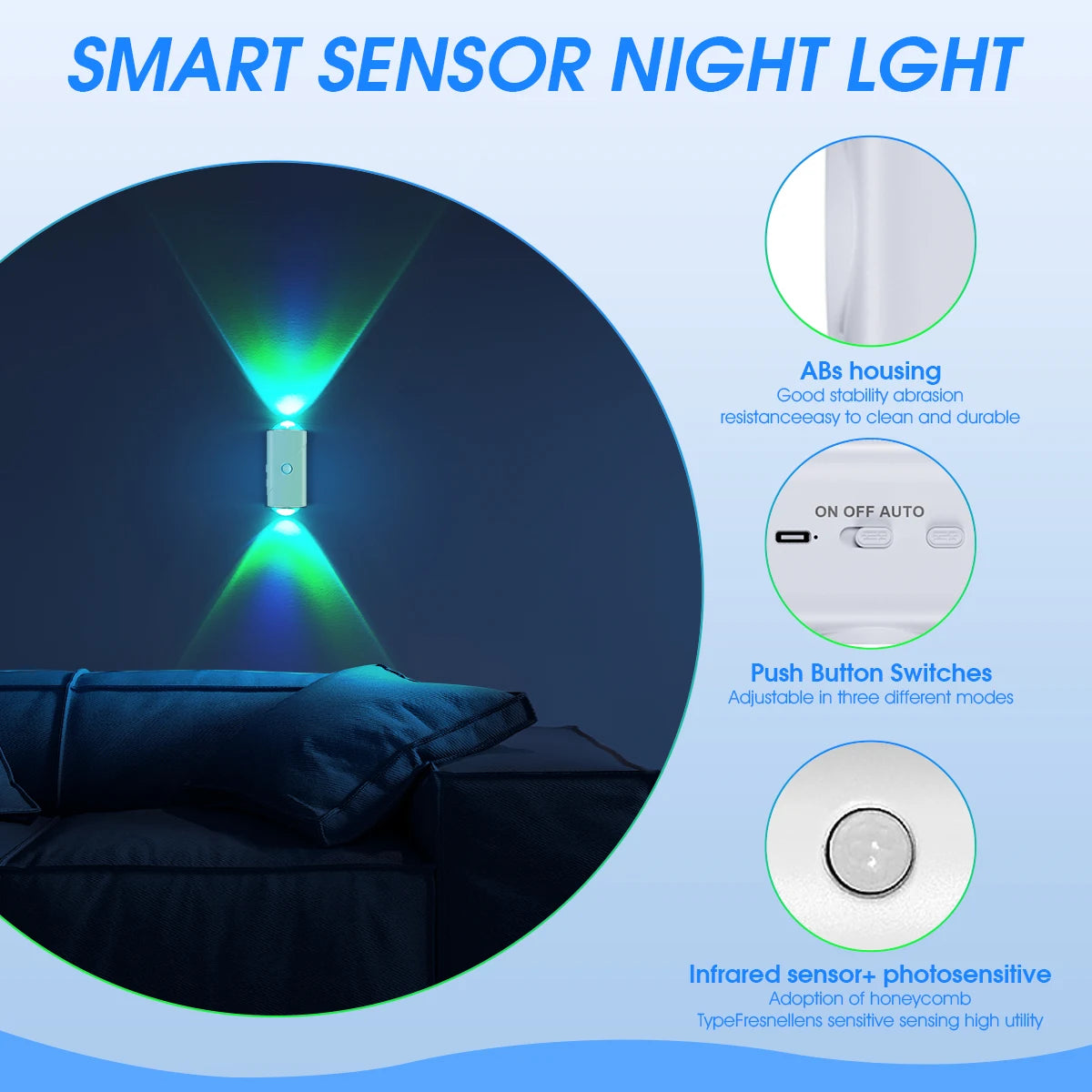 Smart Dual Sensor Night Light, 8 Lighting Modes RGB Ambient Lamp with Magnetic Installation for Home Decor Hallway Stairs