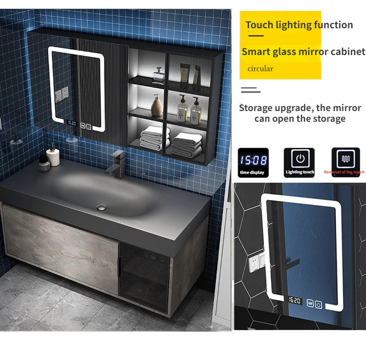 Modern Bathroom Cabinet Smart Mirror Cabinet Rock Integrated Washbasin Bathroom Vanity Cabinets with Sink Bathroom Furniture