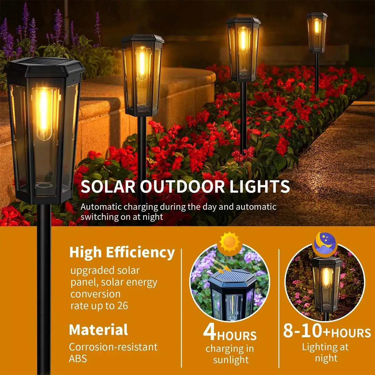 Solar Walkway Led Filament Warm Lamp Powered Lights Outdoor Driveway Waterproof Automatic Pathway Hotel Lawn Decorative Lighting