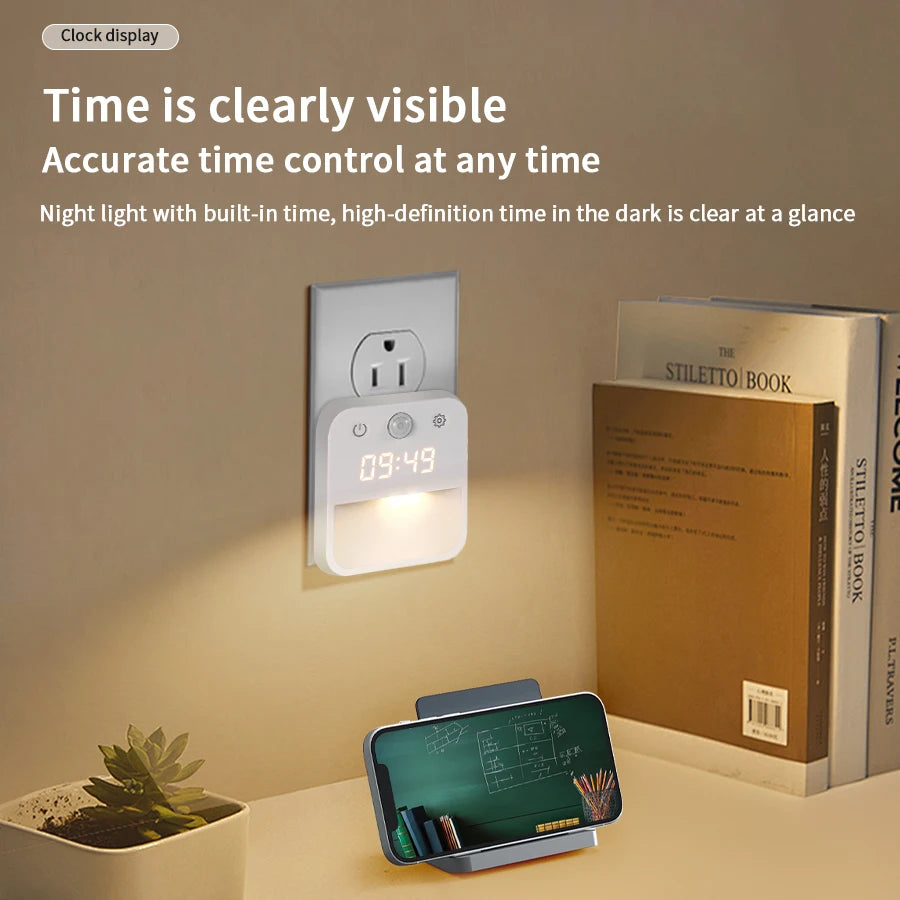 Motion Sensor LED Night Light with Time Display EU and US Socket Plug-in Wall Lamp Smart Sensing Light for Hallway Stair Bedroom