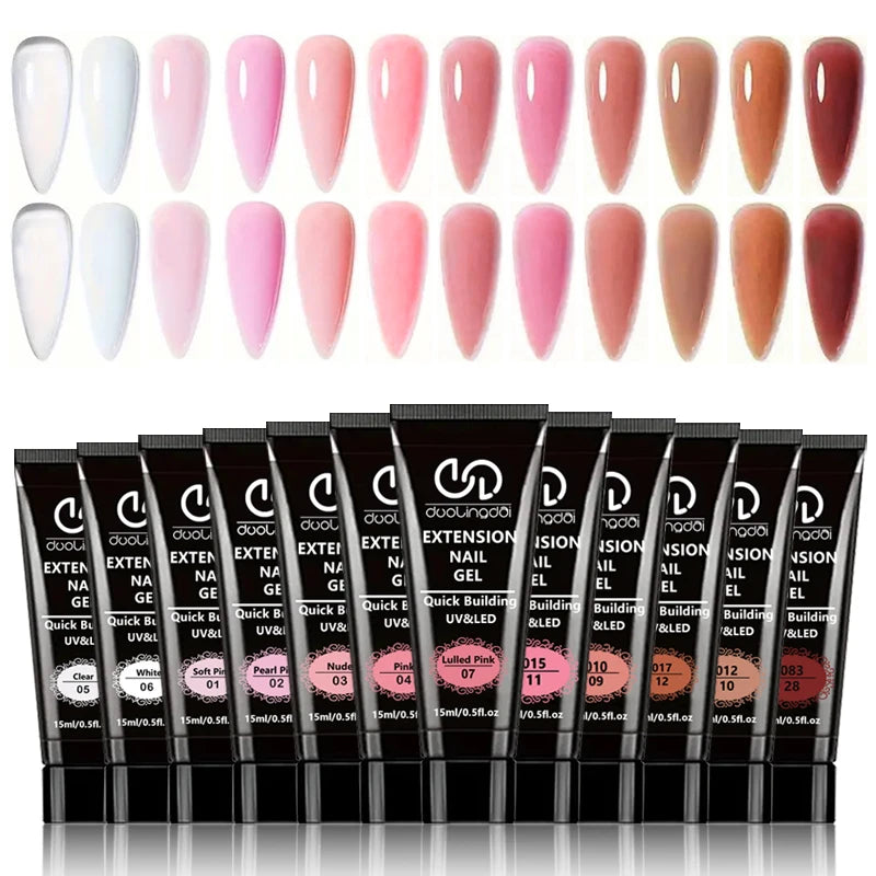 Nail Extension Gel Kit with 30ml Slip Solution, 12-Color Poly Nail Gel Polish Set with Base & Matte/Glossy Top Coats, Complete M