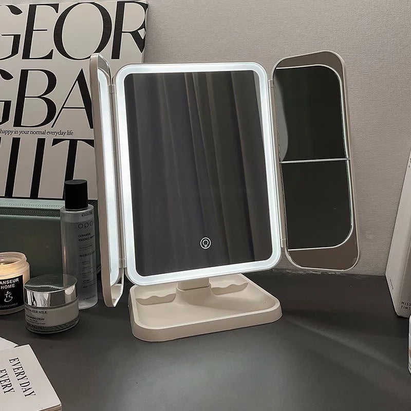 Smart LED Makeup Mirror 270° Rotatable Tri-Fold Vanity Mirror Touch Screen Dimmable Rechargeable Beauty Mirror for Desktop