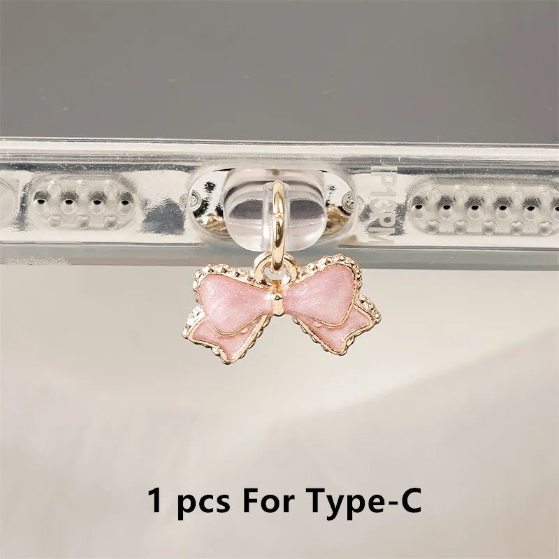 1pc Beautiful Pink and White Bowknot Phone Dust Plug for iPhone/Type-C /Android Mobile Phone Pendant Accessories Gift for Lovers