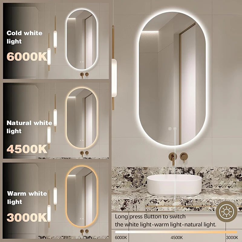 Lighted LED Bathroom Mirror,Wall Mounted Dimmable 3 Colors Makeup Mirror with Bright Back Lit - Smart Mirror Anti Fog with Touch