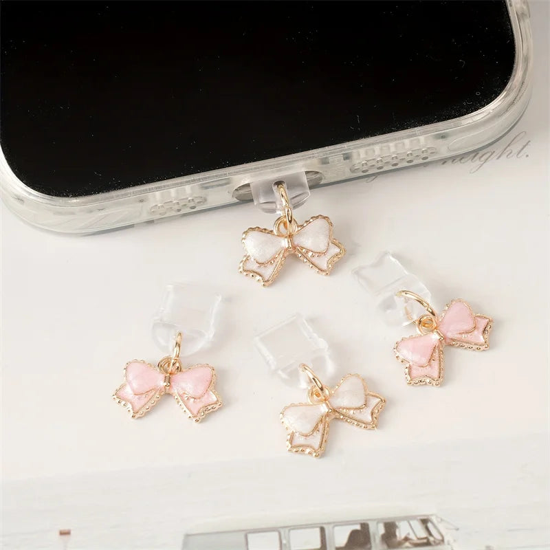 1pc Beautiful Pink and White Bowknot Phone Dust Plug for iPhone/Type-C /Android Mobile Phone Pendant Accessories Gift for Lovers