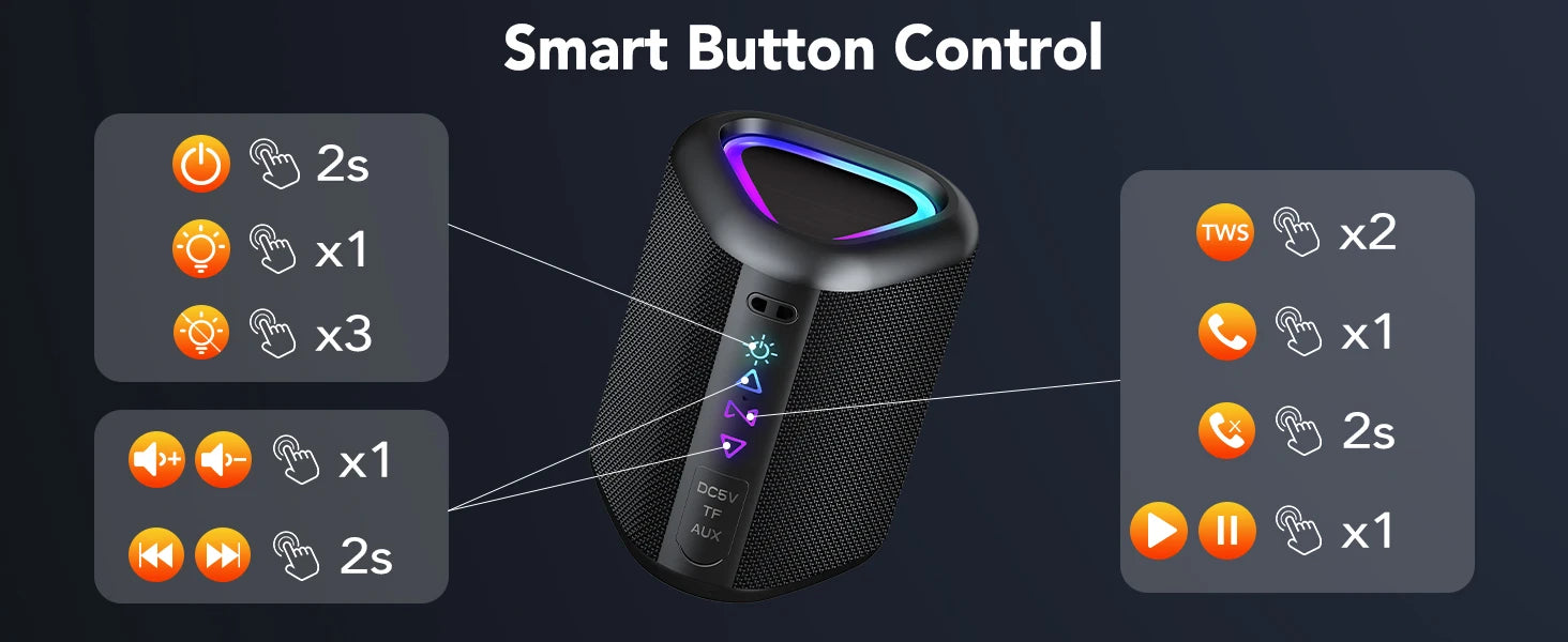Bluetooth Speaker, 2026 Portable Wireless Speakers with Led Light, Bluetooth 5.4, 24H Playtime, Enhanced Bass, IPX7 Waterproof