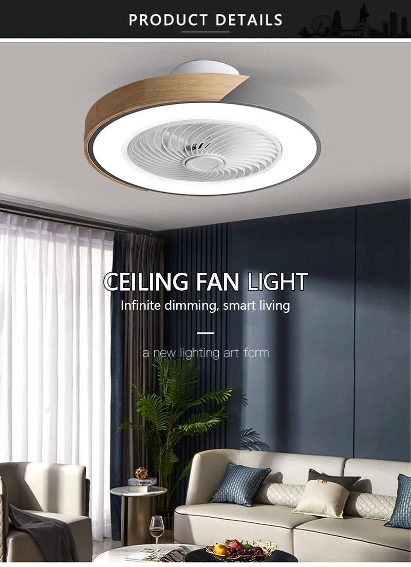 Smart LED Ceiling Fan with Light Wood Living Room Bedroom APP Remote Control 6 Speed Low Floor Electric Fan 52CM Fan Lighting