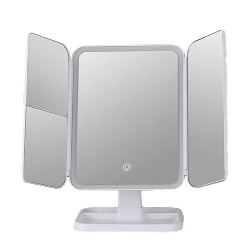 Smart LED Makeup Mirror 270° Rotatable Tri-Fold Vanity Mirror Touch Screen Dimmable Rechargeable Beauty Mirror for Desktop