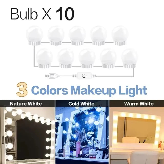 LED Mirror Makeup Mirror w/Lights,Detachable 10LED Bulbs,3 Color Dimmable Vanity Light,Touch Control,USB Powered,Dressing Table