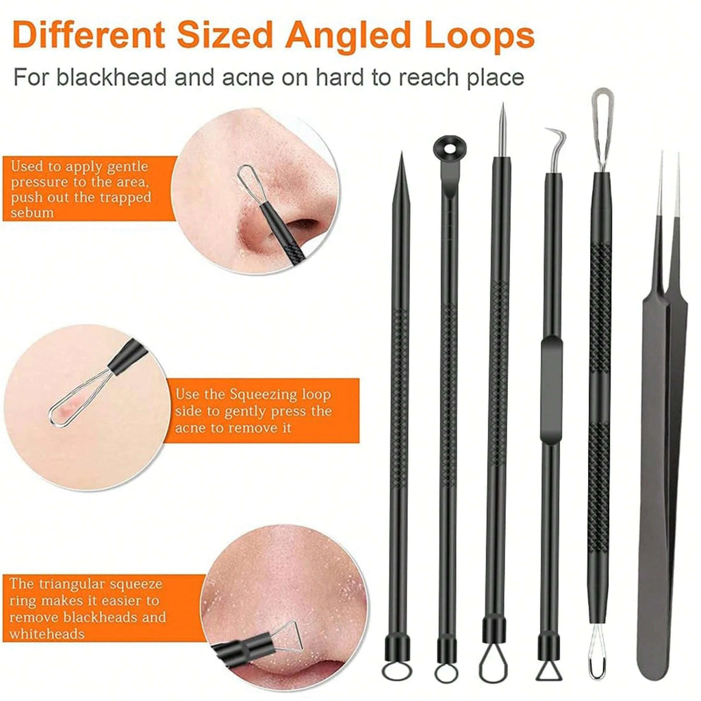 6-Piece Acne Tool Set Blackhead Extractor Facial Care - Facial Acne Removal Tweezers and Needle Stainless Steel Care Tools