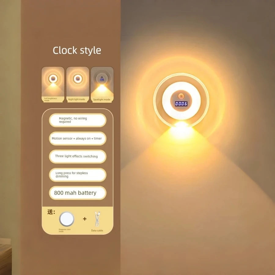Smart LED Motion Sensor Night Light with Clock 3 Color Stepless Dimming Hill Wall Lamp USB Rechargeable Bedroom Ambient Light