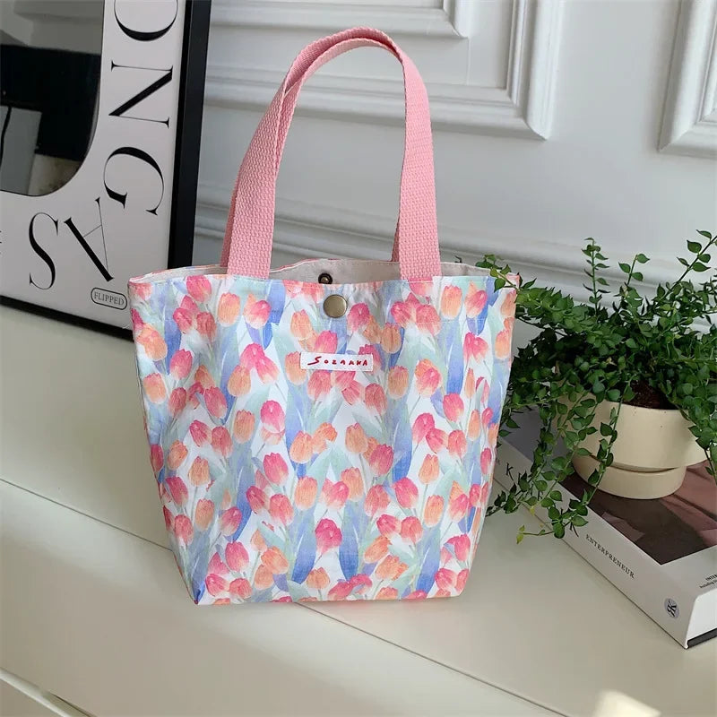 Women's Beauty Flower Canvas Bag Outside Shopping Toiletry Phone Oagnzier Storage Bags Korean Cloth Handbags Lunch Box Bento Bag