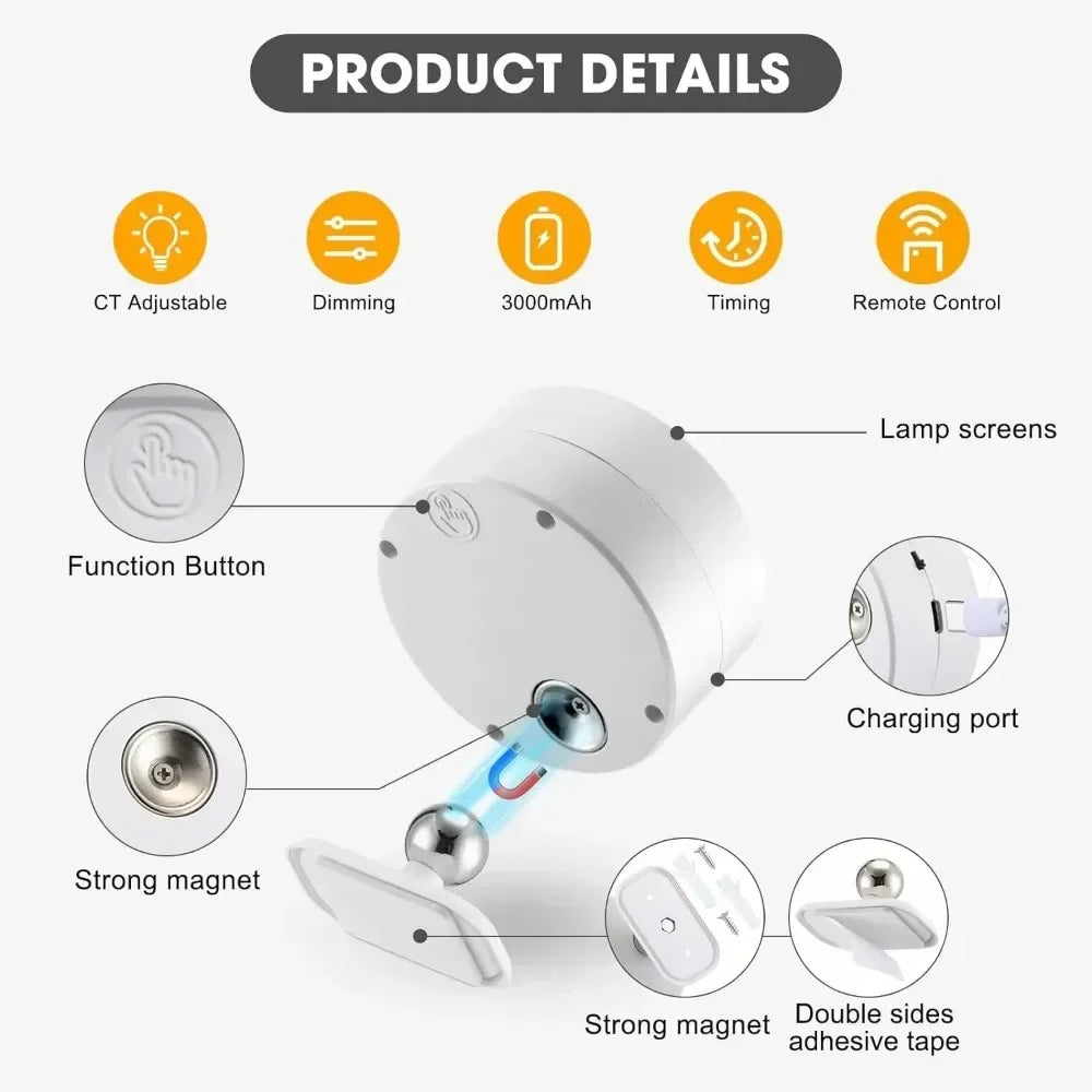 Smart Remote Control & Magnetic USB LED Wall Light,3 Mode Dimmable Cordless Touch Night Lamp for Bedside,Wardrobe,Hallway,Stairs