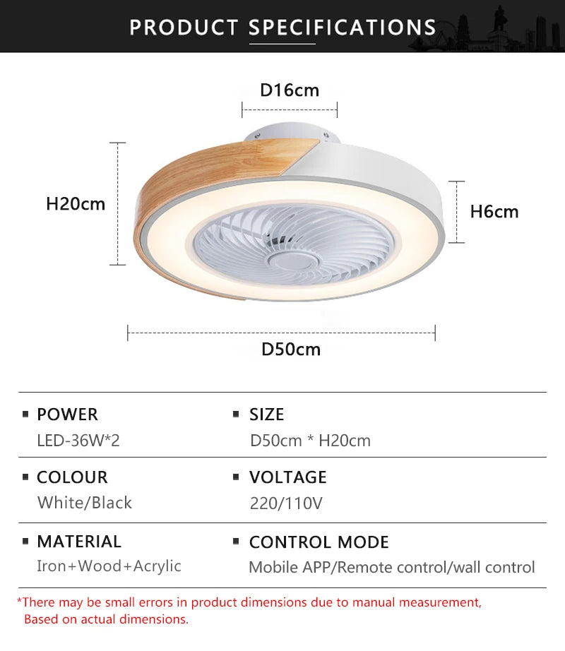 Smart LED Ceiling Fan with Light Wood Living Room Bedroom APP Remote Control 6 Speed Low Floor Electric Fan 52CM Fan Lighting