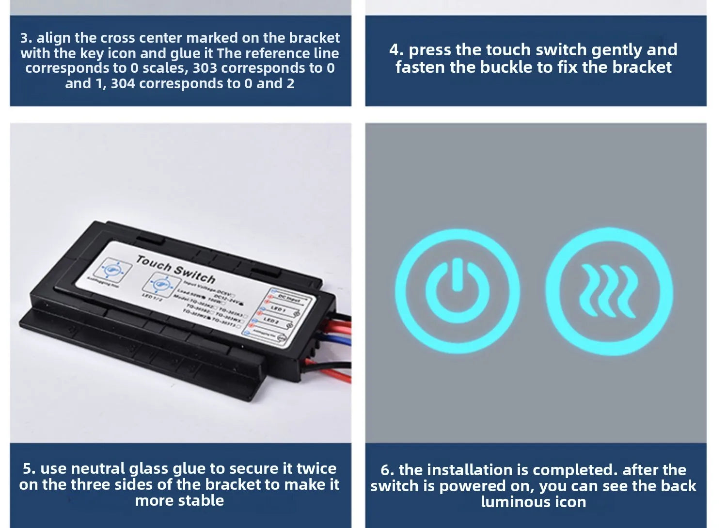 TQ-304 Smart Bathroom Mirror Light Touch Switch, 12V/24V Auto-Dimming Glass Sensor Module (LED Accessories)