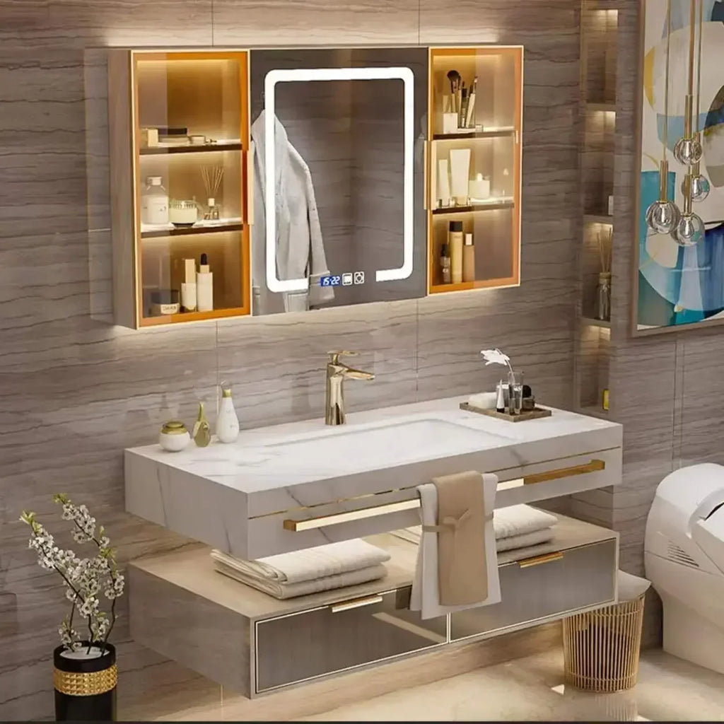 Modern Slate Bathroom Cabinet with Double Washbasin Smart Mirror Ceramic Bathroom Vanity Cabinets Under Sink Bathroom Furniture